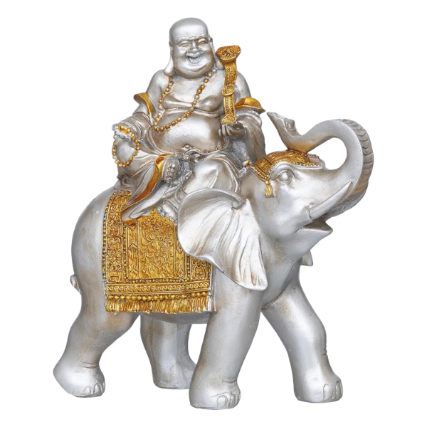eCraftIndia Silver & Gold Finish Laughing Buddha Sitting on Elephant – Lucky Resin Showpiece for Home Decor, Living Room & Bedroom | Feng Shui Good Luck & Wealth Idol | Thoughtful Gift for Birthday & Friendship Day - Image 3