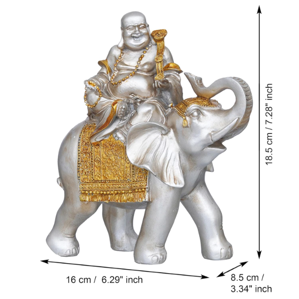 eCraftIndia Silver & Gold Finish Laughing Buddha Sitting on Elephant – Lucky Resin Showpiece for Home Decor, Living Room & Bedroom | Feng Shui Good Luck & Wealth Idol | Thoughtful Gift for Birthday & Friendship Day - Image 4