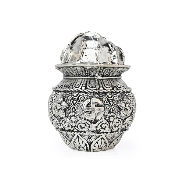 Pure 999 Silver Plated Dhan Kalash for Home Mandir – Elegant Floral Embossed Sacred Kalash with Traditional Motifs | Auspicious Pooja Vessel for Temple Décor, Vastu Energy & Devotional Silver Gift Item