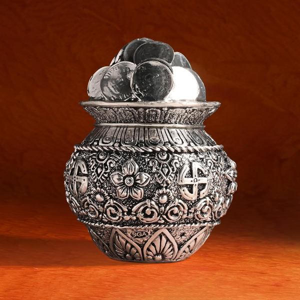 Pure 999 Silver Plated Dhan Kalash for Home Mandir – Elegant Floral Embossed Sacred Kalash with Traditional Motifs | Auspicious Pooja Vessel for Temple Décor, Vastu Energy & Devotional Silver Gift Item - Image 2