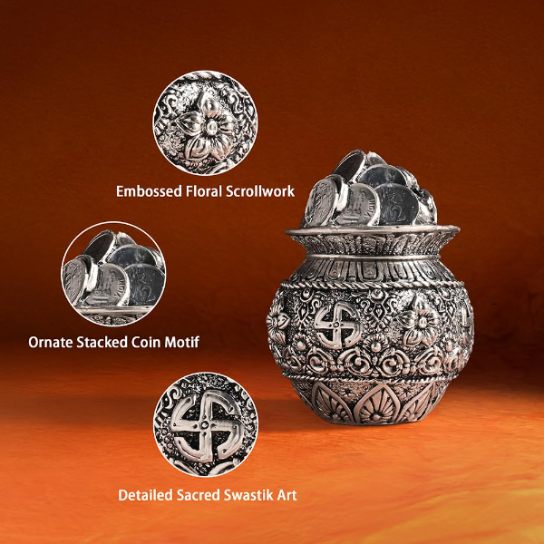 Pure 999 Silver Plated Dhan Kalash for Home Mandir – Elegant Floral Embossed Sacred Kalash with Traditional Motifs | Auspicious Pooja Vessel for Temple Décor, Vastu Energy & Devotional Silver Gift Item - Image 3