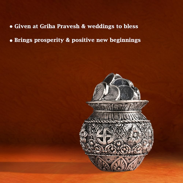 Pure 999 Silver Plated Dhan Kalash for Home Mandir – Elegant Floral Embossed Sacred Kalash with Traditional Motifs | Auspicious Pooja Vessel for Temple Décor, Vastu Energy & Devotional Silver Gift Item - Image 4