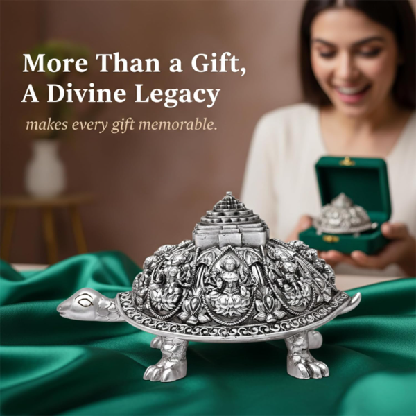 999 Pure Silver Plated Ashta Lakshmi Tortoise Idol – 4.75 Inch Vastu Turtle Showpiece for Home, Pooja Room & Mandir Décor | Symbol of Prosperity, Wealth & Good Luck - Image 2