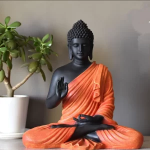 15-Inch Sitting Buddha Statue for Home & Office Décor – Marble Dust Resin Idol in Orange & Black, Peaceful Meditation Figurine for Living Room, Workspace & Spiritual Ambience