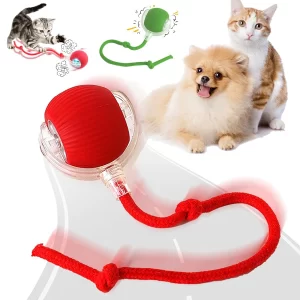 Rechargeable Interactive Electric Pet Toy Ball – Automatic Rolling Chase Toy with Tail Rope for Cats & Small Dogs Indoor Fun