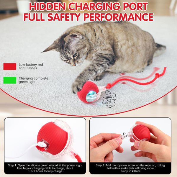 Rechargeable Interactive Electric Pet Toy Ball – Automatic R32olling Chase Toy with Tail Rope for Cats & Small Dogs Indoor Fun - Image 4