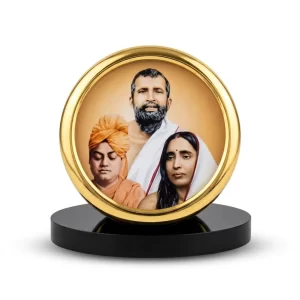 Sri Ramakrishna, Swami Vivekananda & Sarada Devi Golden Photo Frame – Round Table Top Decor for Home Temple, Puja Room, Study Desk, Office & Car Dashboard