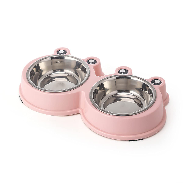 Youstylo Double Stainless Steel Pet Bowls – Non-Slip Food & Water Feeder Set for Cats, Rabbits, Puppies & Small Dogs (Pink)