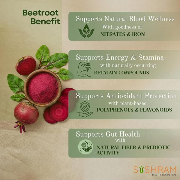 Sushram Pure Beetroot Powder | 100% Natural Pre-Workout Energy & Stamina Booster | Rich in Iron & Nitric Oxide for Blood Health | Edible Beet Root Superfood for Men & Women - Image 2