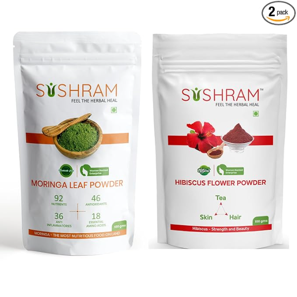 Sushram Moringa & Hibiscus Powder Combo (Pack of 2 x 100g) | Pure Ayurvedic Superfood for Immunity, Detox & Glowing Skin | Natural Energy & Metabolism Booster | Edible Herbal Supplement for Men & Women