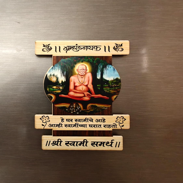 Shri Swami Samarth Fridge Magnet with Marathi Quote – Wooden Finish Spiritual Devotional Magnet for Home & Kitchen Decor, Mandir Gift Item, Positive Energy Wall Accessory - Image 3