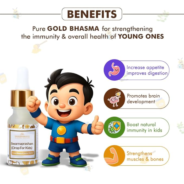 Swarnakayu Swarnaprashan Drops for Kids (15ml) | 24K Gold Bhasma & Shankhpushpi Formula | Natural Immunity & Brain Booster for Children 0-16 Years | Ayurvedic Memory & Growth Support - Image 2