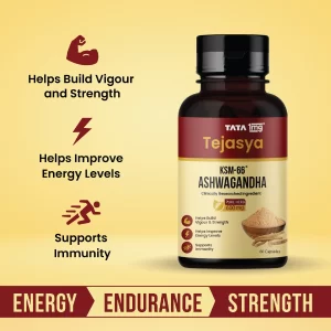 Tata 1mg Tejasya Ashwagandha KSM-66 Capsules 600mg – Organic Herbal Supplement for Energy & Stamina | 60 Count (Pack of -2)