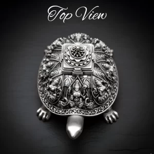 999 pure silver plated Ashta Lakshmi tortoise idol showing detailed carvings on the shell for home mandir Vastu decor