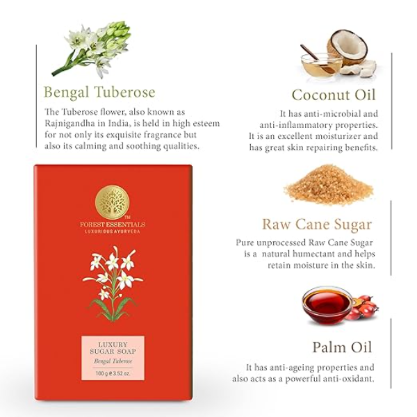 Forest Essentials Luxury Sugar Soap – Bengal Tuberose | Handmade Ayurvedic Bath Soap for Soft Skin | Deeply Cleansing & Moisturizing Body Bar | 125g - Image 4