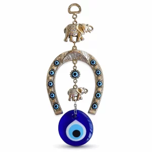 Turkish Silver Horseshoe Evil Eye Hanging with Elephant – Blue Glass Protection Amulet for Main Door, Home Entrance & Wall Decor