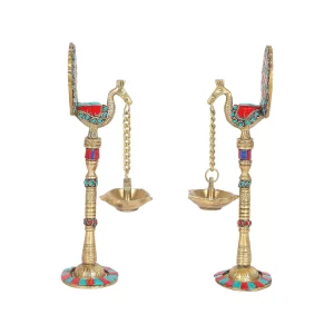 Handcrafted Brass Peacock Hanging Diya Set (9 Inch, Pack of 2) – Gemstone Inlay Oil Lamps for Puja, Home Décor & Festive Decoration by Two Moustaches