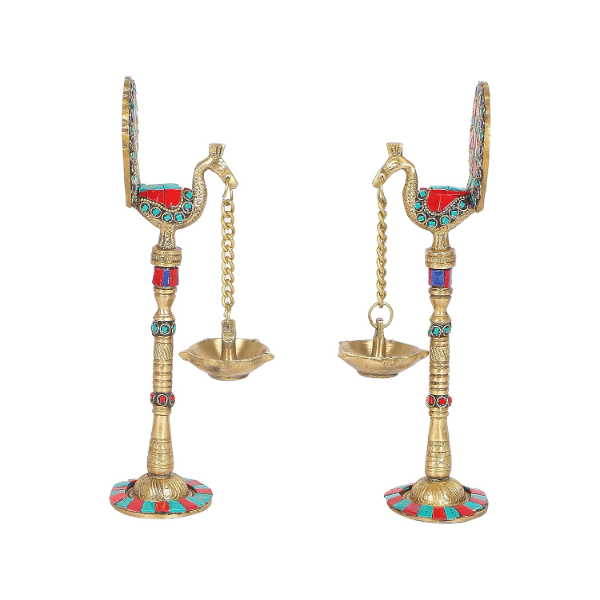 9-inch handcrafted brass peacock hanging diya set with gemstones in the USA