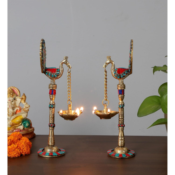 Handcrafted Brass Peacock Hanging Diya Set (9 Inch, Pack of 2) – Gemstone Inlay Oil Lamps for Puja, Home Décor & Festive Decoration by Two Moustaches - Image 3