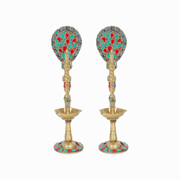 Handcrafted Brass Peacock Hanging Diya Set (9 Inch, Pack of 2) – Gemstone Inlay Oil Lamps for Puja, Home Décor & Festive Decoration by Two Moustaches - Image 4
