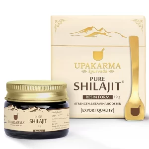 Upakarma Pure Himalayan Shilajit 10g jar with precision measuring spoon.