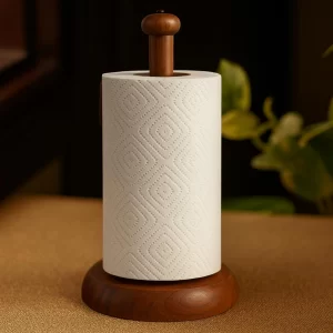 Handcrafted mango wooden tissue roll holder and foil dispenser stand.