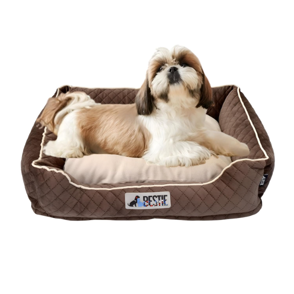 Velvet Medium Pet Sofa Bed – Cozy Dog, Cat, Puppy, Kitten & Small Animal Bed with Washable Cover, Non-Slip Bottom for Indoor & Outdoor Use (26x20x7 in, Brown & Cream)