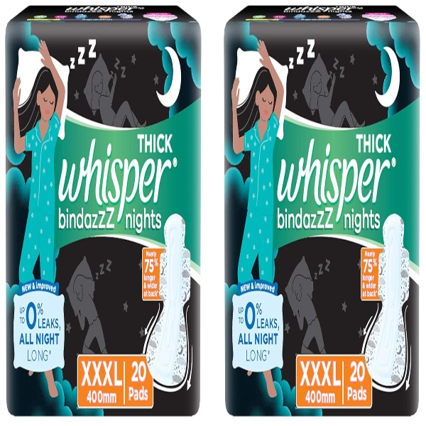 Whisper Night Pads XXXL for Women | 0% Leak Overnight Protection | 40 cm Long Thick Pads | Pack of 2