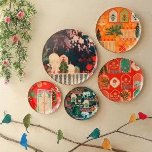 A complete 5-piece set of Vintage Indian Wall Plates arranged beautifully on a light background.