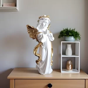 ALILA 12 inch white praying angel statue with golden wings.