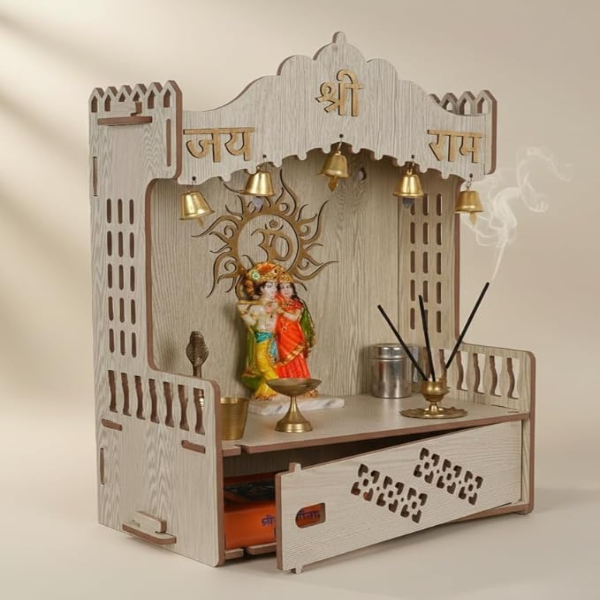 Wooden Pooja Mandir with Om Symbol – Traditional Indian Home Temple with Bells, Brown Wood Finish Spiritual Mandir Décor (47H x 34.3W x 20.1D cm)