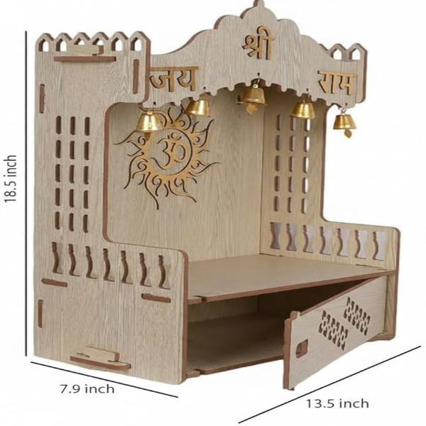 Wooden Pooja Mandir with Om Symbol – Traditional Indian Home Temple with Bells, Brown Wood Finish Spiritual Mandir Décor (47H x 34.3W x 20.1D cm) - Image 2