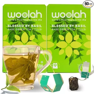 Woolah Rare Assam Green Tea with Tulsi (30 Dips, Pack of 2) | Bagless Whole Leaf Tea for Plastic-Free Brewing | Organic Holy Basil & Green Tea for Weight Management & Detox | 60 Cups Total