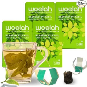 Woolah Rare Assam Green Tea with Tulsi (60 Dips, Pack of 4) | Bagless Whole Leaf Tea for Plastic-Free Brewing | Organic Holy Basil & Green Tea for Metabolism & Heart Health | 120 Cups Total Value Pack