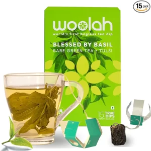 Woolah Rare Assam Green Tea with Tulsi (15 Dips / 30 Cups) | Bagless Whole Leaf Tea for Plastic-Free Brewing | Organic Tulsi Holy Basil & Green Tea | Rich in Antioxidants & Detox Support