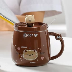 Asukie cute ceramic bear mug with 3D character lid and spoon.