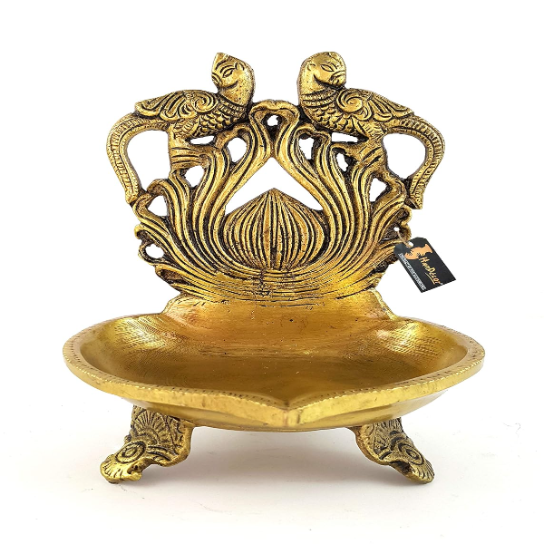Handcrafted Brass Twin Peacock Table Diya – Ethnic Carved Oil Lamp in Antique Yellow for Home Temple & Décor