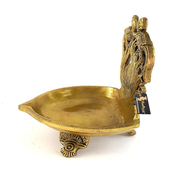 Handcrafted Brass Twin Peacock Table Diya – Ethnic Carved Oil Lamp in Antique Yellow for Home Temple & Décor - Image 2