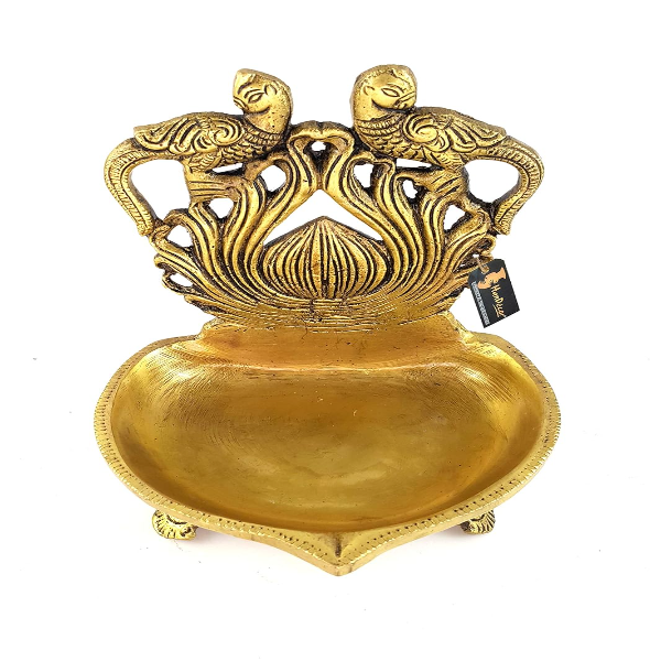 Handcrafted Brass Twin Peacock Table Diya – Ethnic Carved Oil Lamp in Antique Yellow for Home Temple & Décor - Image 3