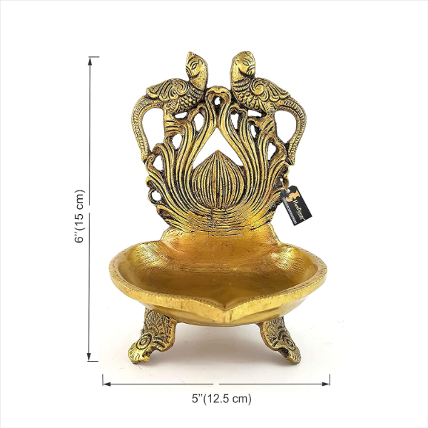 Handcrafted Brass Twin Peacock Table Diya – Ethnic Carved Oil Lamp in Antique Yellow for Home Temple & Décor - Image 4