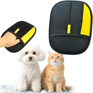 A blue and black silicone Pet Grooming Glove owners use to deshed a dog.