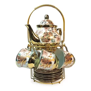 DMRD 13-piece white floral ceramic tea set with kettle, cups, and plates.