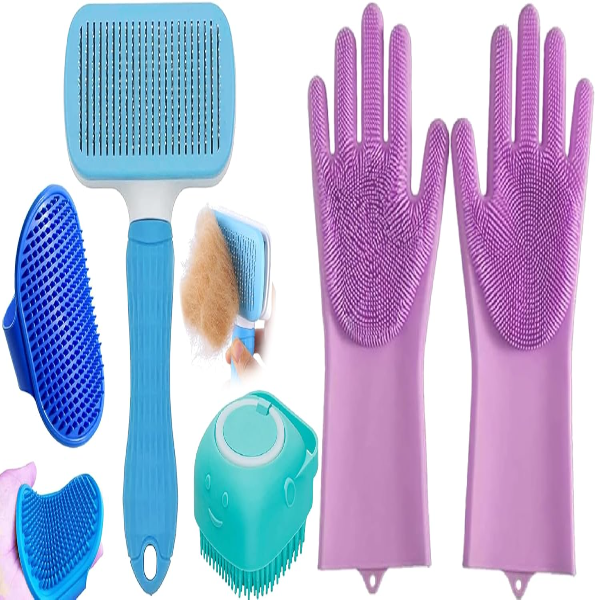 AVRIN 4-in-1 Pet Grooming Kit for Dogs & Cats – Self-Cleaning Slicker Brush, Silicone Bath Gloves, Pet Bath Scrubber & Cat Comb for Shedding, Detangling & Daily Grooming | Suitable for All Hair Types