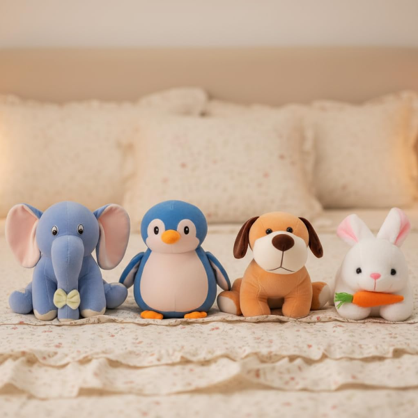 Pack of 4 Soft Plush Baby Animal Toys – Rabbit, Penguin, Dog & Blue Elephant (30CM) – Cute Stuffed Toys for Infant Boys & Girls, Ideal Baby Gift Set for Cuddling & Play