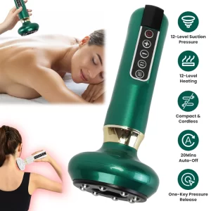 Handheld anti cellulite massager with vacuum cupping therapy, red light heating, and adjustable suction levels for body contouring