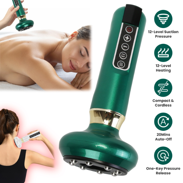 Handheld anti cellulite massager with vacuum cupping therapy, red light heating, and adjustable suction levels for body contouring