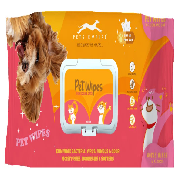 Pets Empire Anti-Bacterial Wet Wipes – 80 Pcs for Dogs, Cats, Rabbits, Puppies & Small Pets, Gentle Daily Grooming for Ears, Paws & Fur, Dry Bath & Skin Care (15x20 cm)