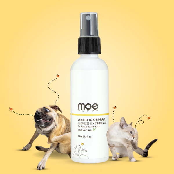 Moe Puppy Natural Anti-Tick Spray for Dogs & Cats – 100ml, Long-Lasting Protection with Lemongrass, Citronella, Eucalyptus, Rosemary Oils & Aloe Vera Extract
