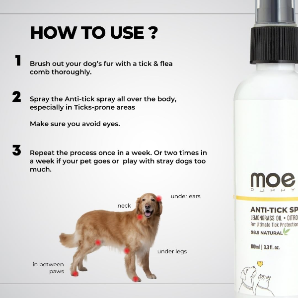 Moe Puppy Natural Anti-Tick Spray for Dogs & Cats – 100ml, Long-Lasting Protection with Lemongrass, Citronella, Eucalyptus, Rosemary Oils & Aloe Vera Extract - Image 4