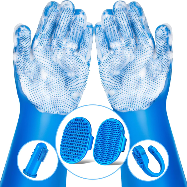 Augwind 6PCS Pet Grooming & Bath Gloves Set for Dogs, Cats & Horses – Soft Silicone Dog Washing Gloves, Pet Shampoo Brush, Deshedding Bath Mitts, Grooming Supplies for Shedding & Cleaning – Navy Blue
